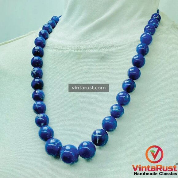 Lapis Lazuli Blue Bead Necklace, Vintage Lapis Stone Single Strand Graduated - Picture 6 of 10